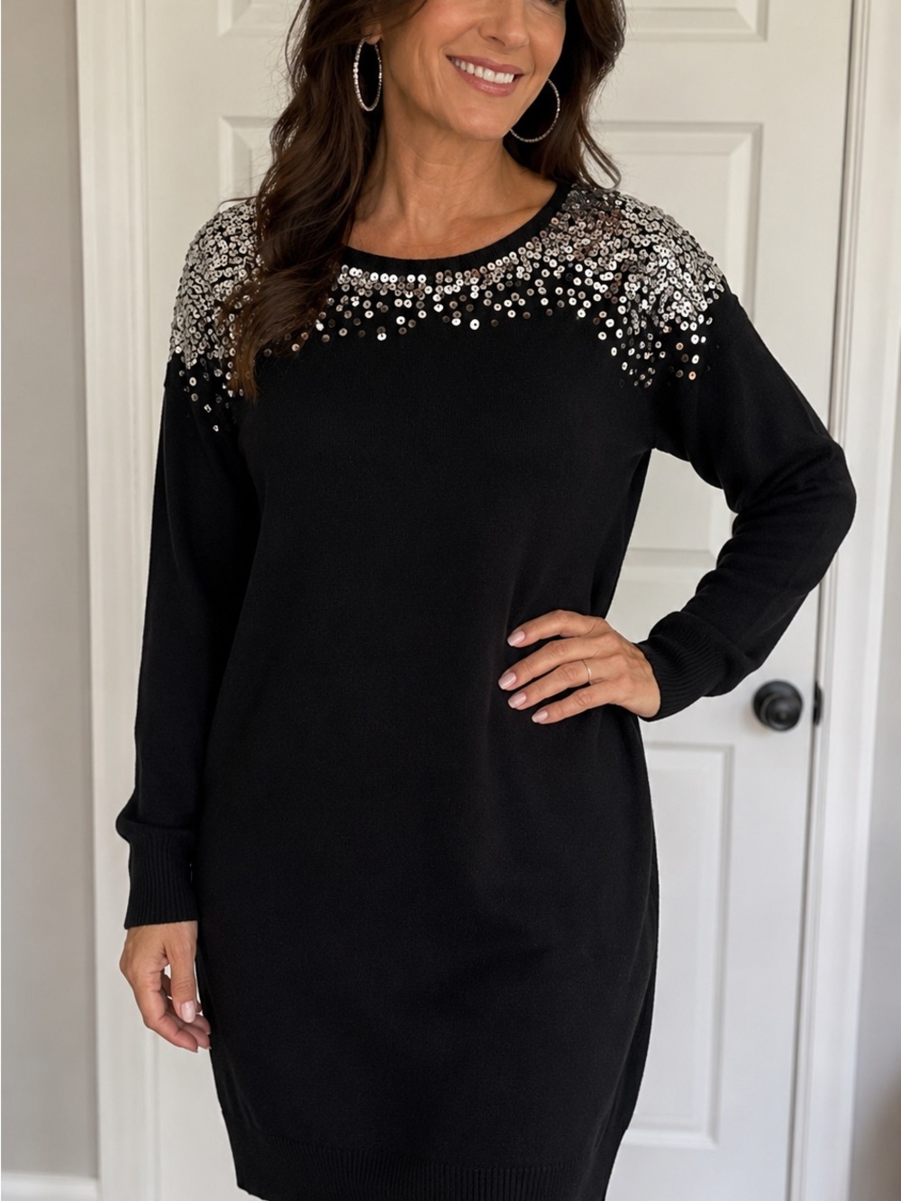 Black Sequin Shoulder Long-Sleeve Dress
